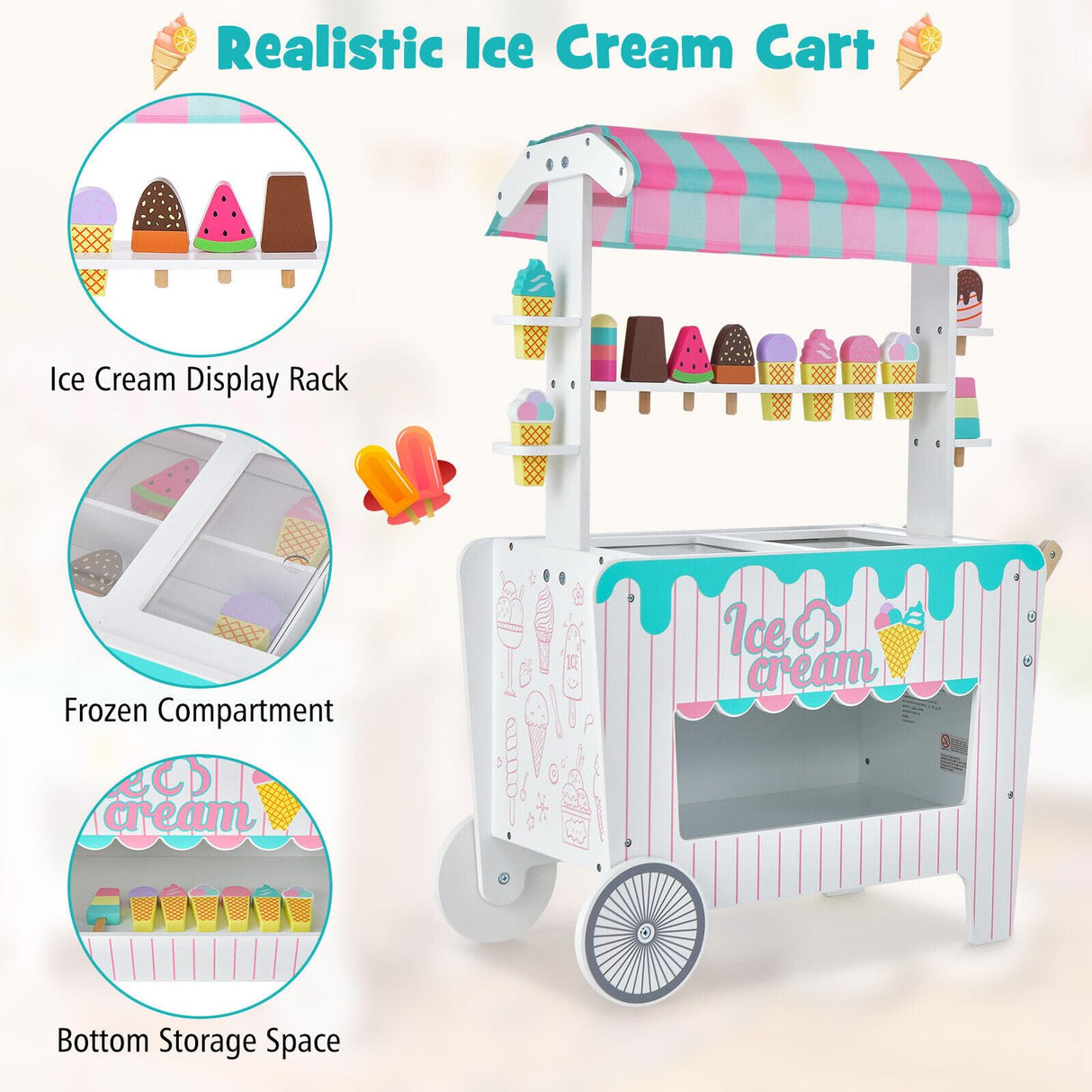 HONEY JOY Wooden Ice Cream Cart for Kids