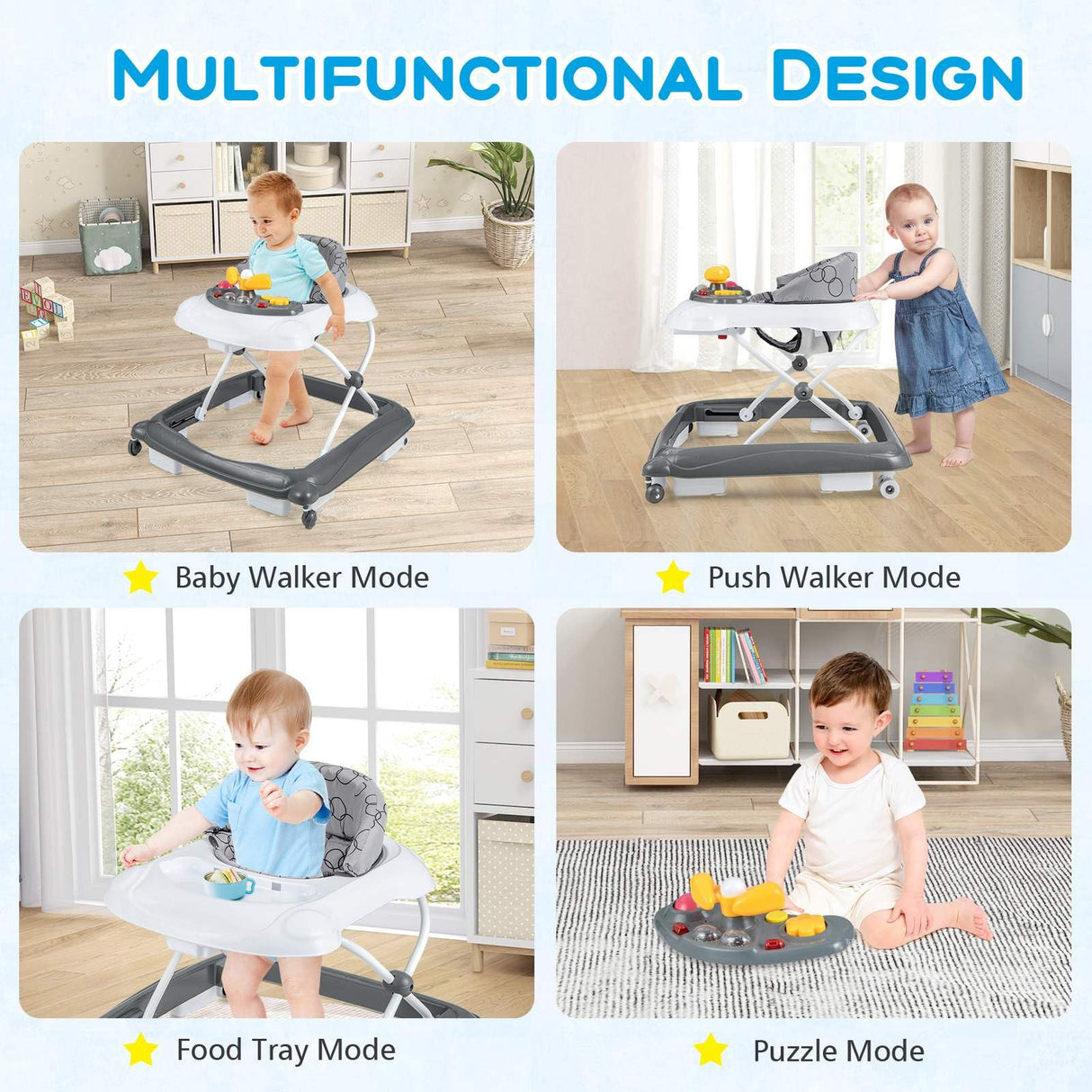 Multifunctional baby walker with various modes in a home setting