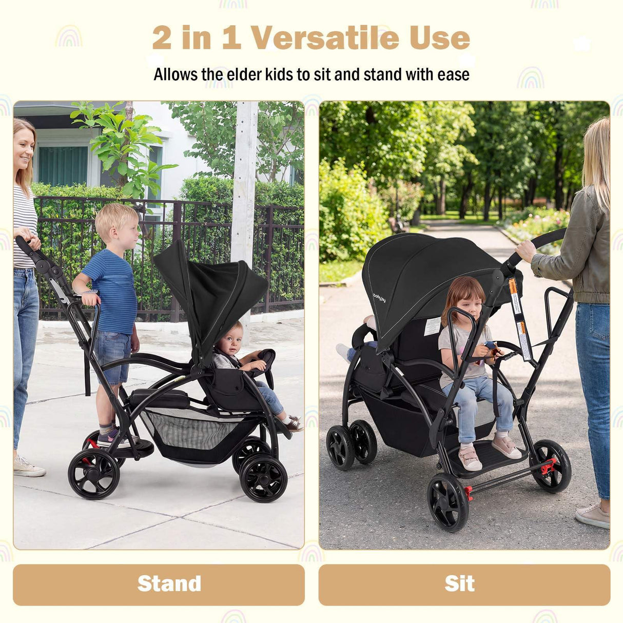 Sit and Stand Stroller, Foldable Double Stroller with Wristband