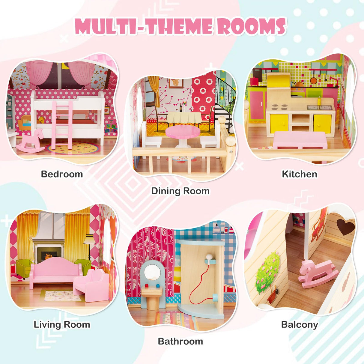 HONEY JOY Kids Wooden Dollhouse Playset w/15 Furniture Accessories