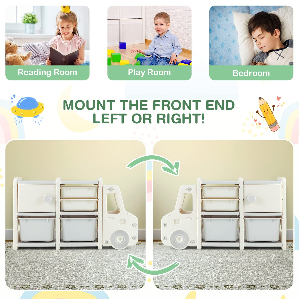 HONEY JOY Kids Toy Storage Organiser with 2 Large Bins, Pull-Out Drawers, Cabinet, Front Store Space