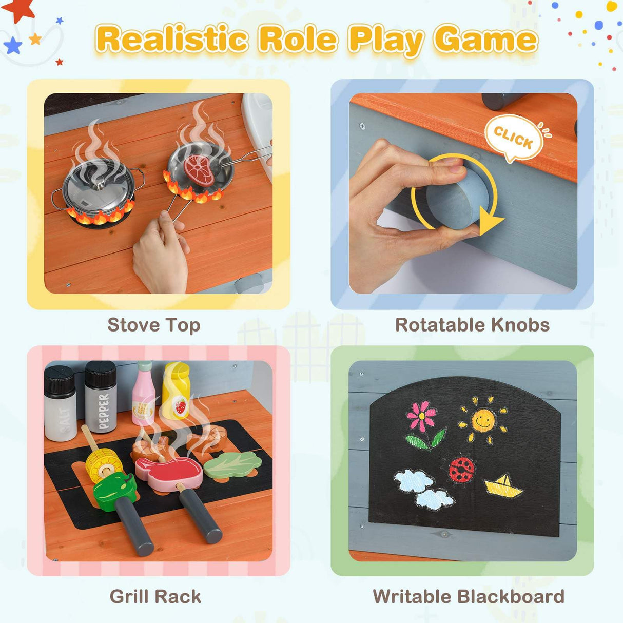 Realistic role play game with stove top, rotatable knobs, grill rack, and writable blackboard.