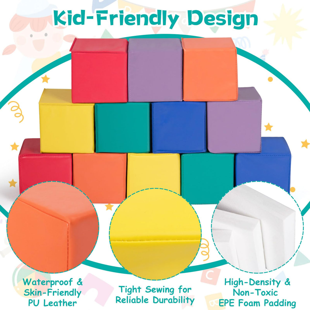 BABY JOY Foam Building Blocks, 12-Piece 14 CM Colorful Stacking Climbing Foam Cubes Play Set for Kids