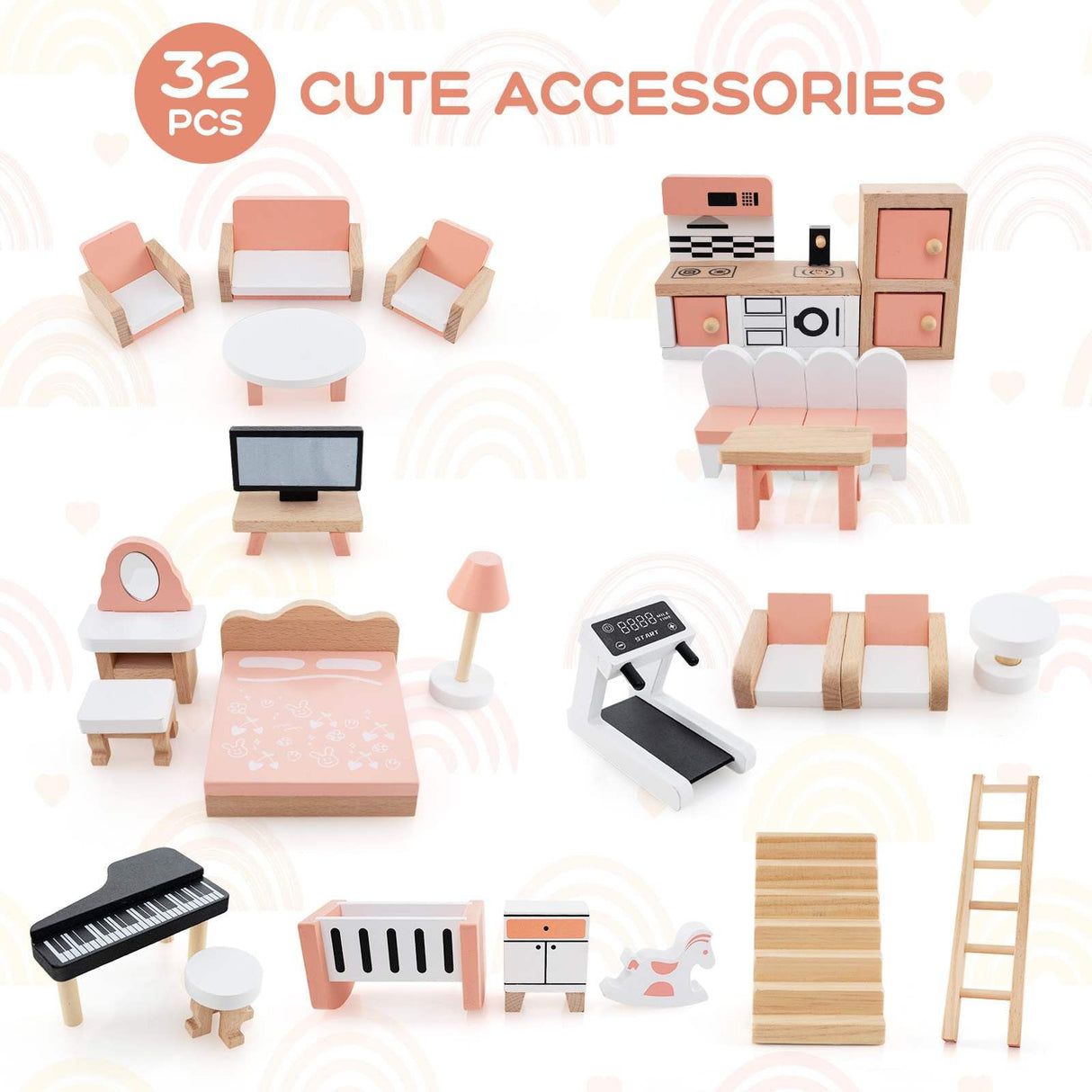 7-Room 3-Tier Doll House w/32PCS Realistic Furniture Accessories