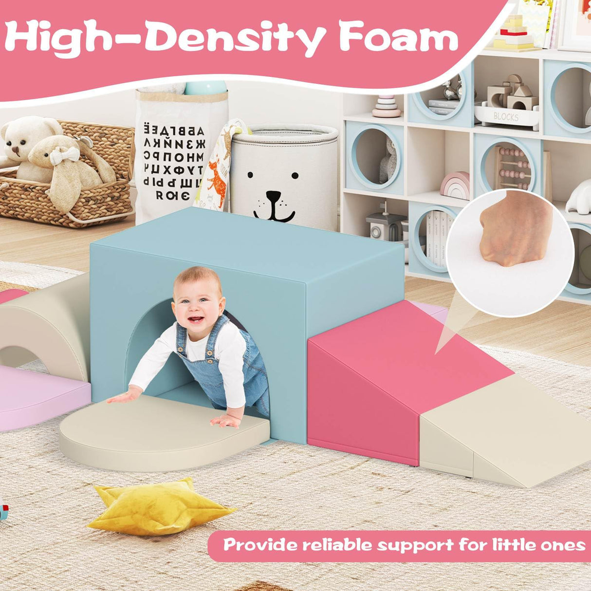 Child playing with a colorful foam play structure on a wooden floor.