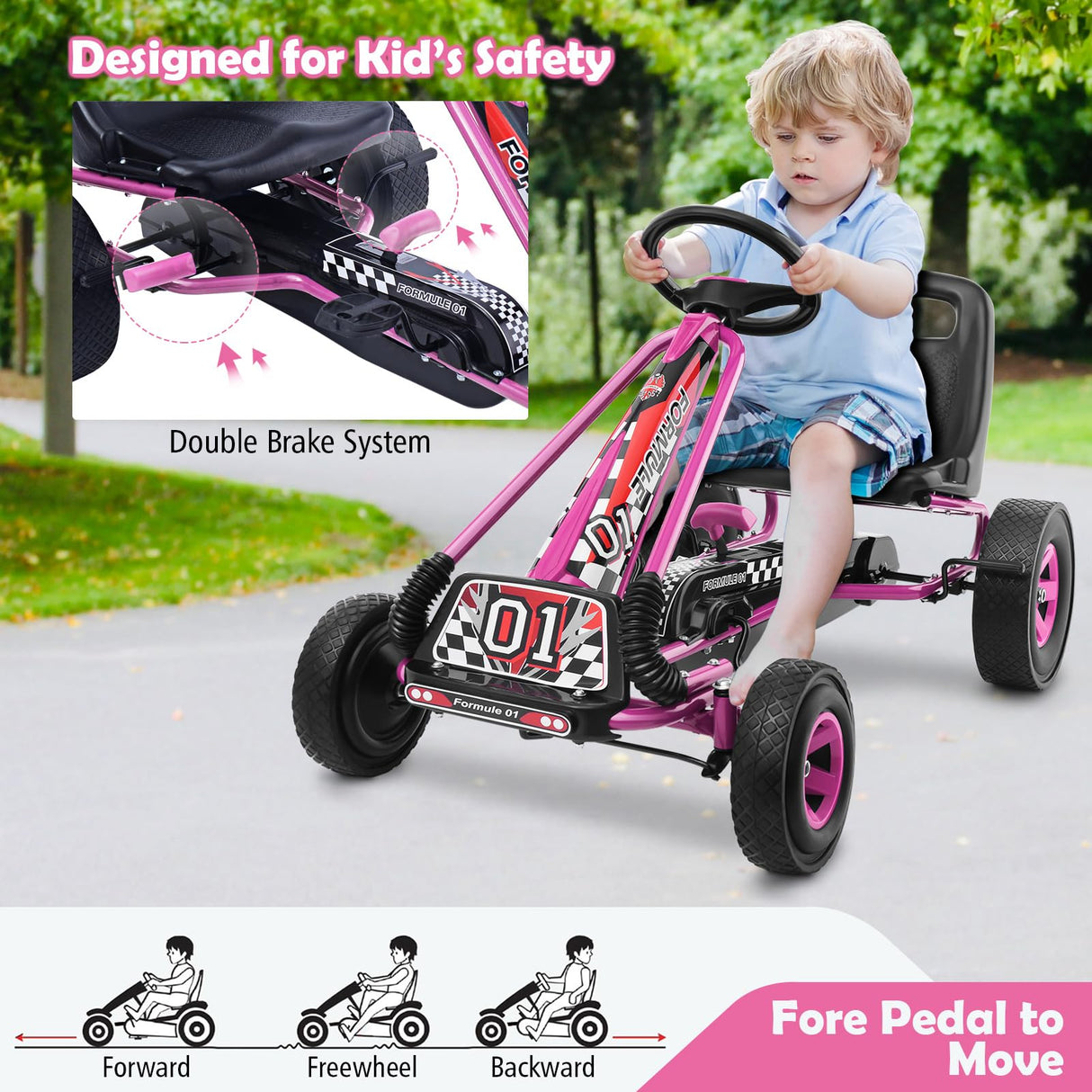 HONEY JOY Kids Pedal Go Kart, 4 Wheel Pedal Powered Ride On Toys
