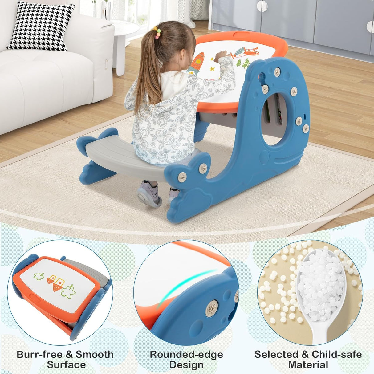 HONEY JOY Convertible Kids Activity Table Set, Multi-Functional Angle-Adjustable Toddler Easel w/Erasable Whiteboard, Whale Shape