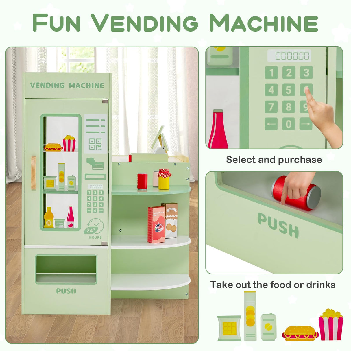 HONEY JOY Wooden Supermarket Play Toy Set, Kids Grocery Store Playset with Checkout Counter