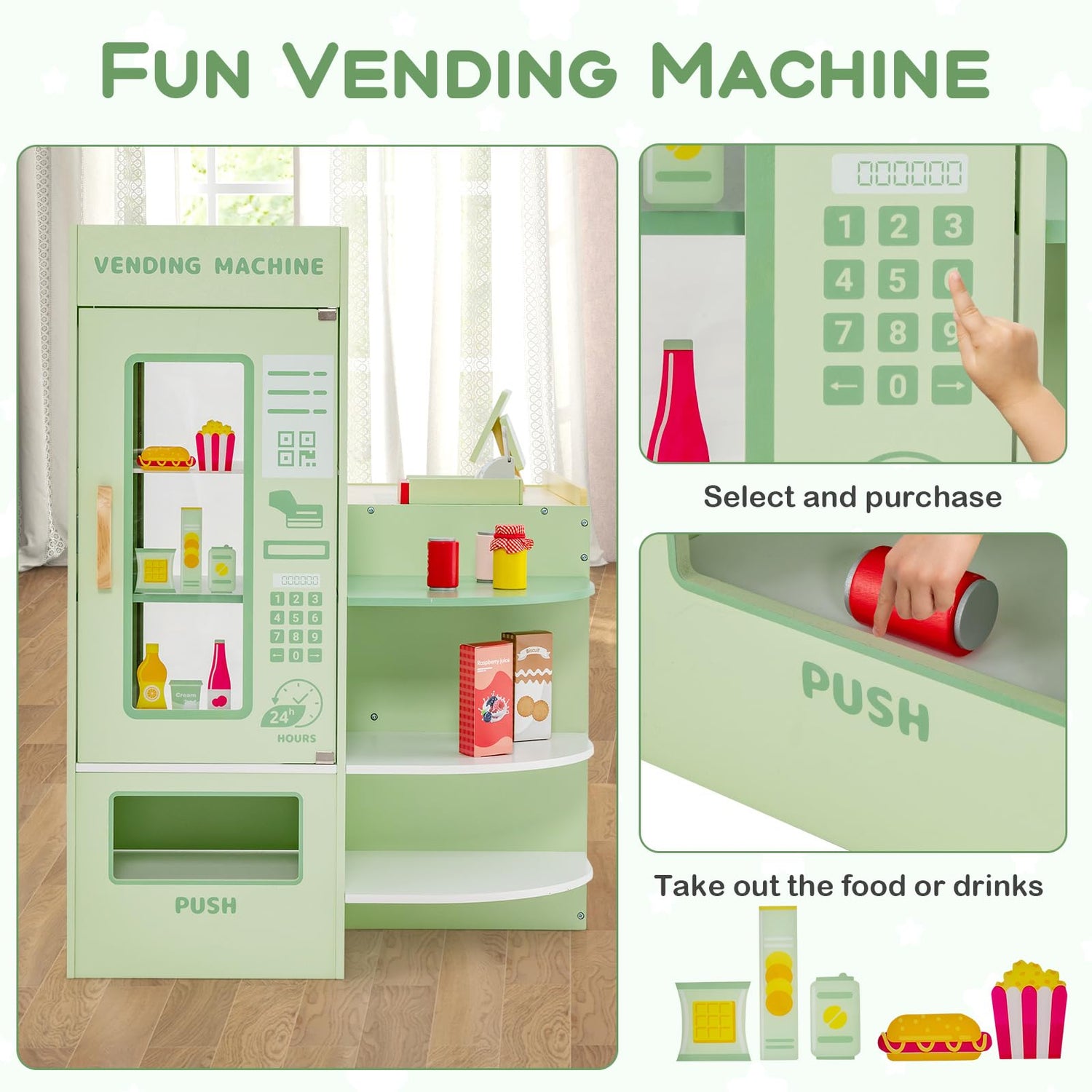 HONEY JOY Wooden Supermarket Play Toy Set, Kids Grocery Store Playset with Checkout Counter