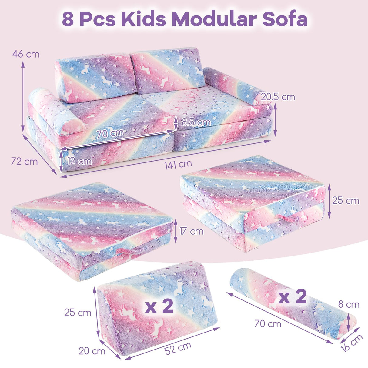 HONEY JOY 8 PCS Modular Kids Play Couch, Glow in The Dark Toddler Sectional Sofa