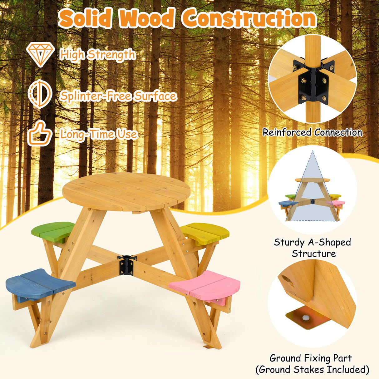 Kids Picnic Table with Stools and Foldable Adjustable Umbrella for Backyard and Patio