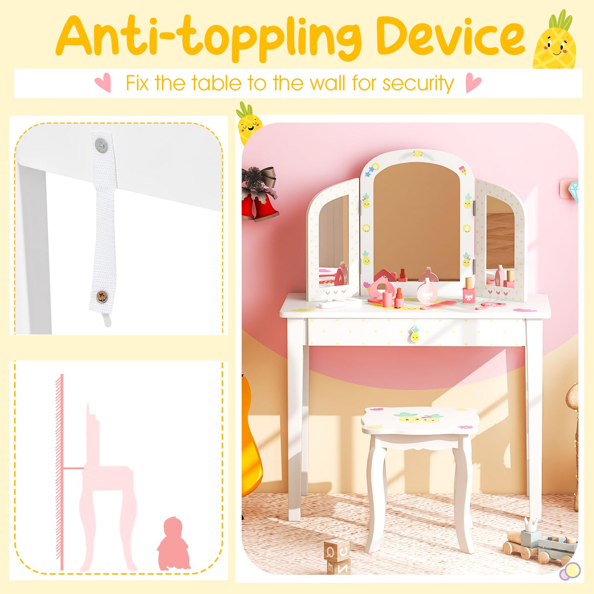 HONEY JOY Kids Vanity Table and Chair Set, Kids Dressing Table w/Tri-Folding Mirror, Large Storage Drawer