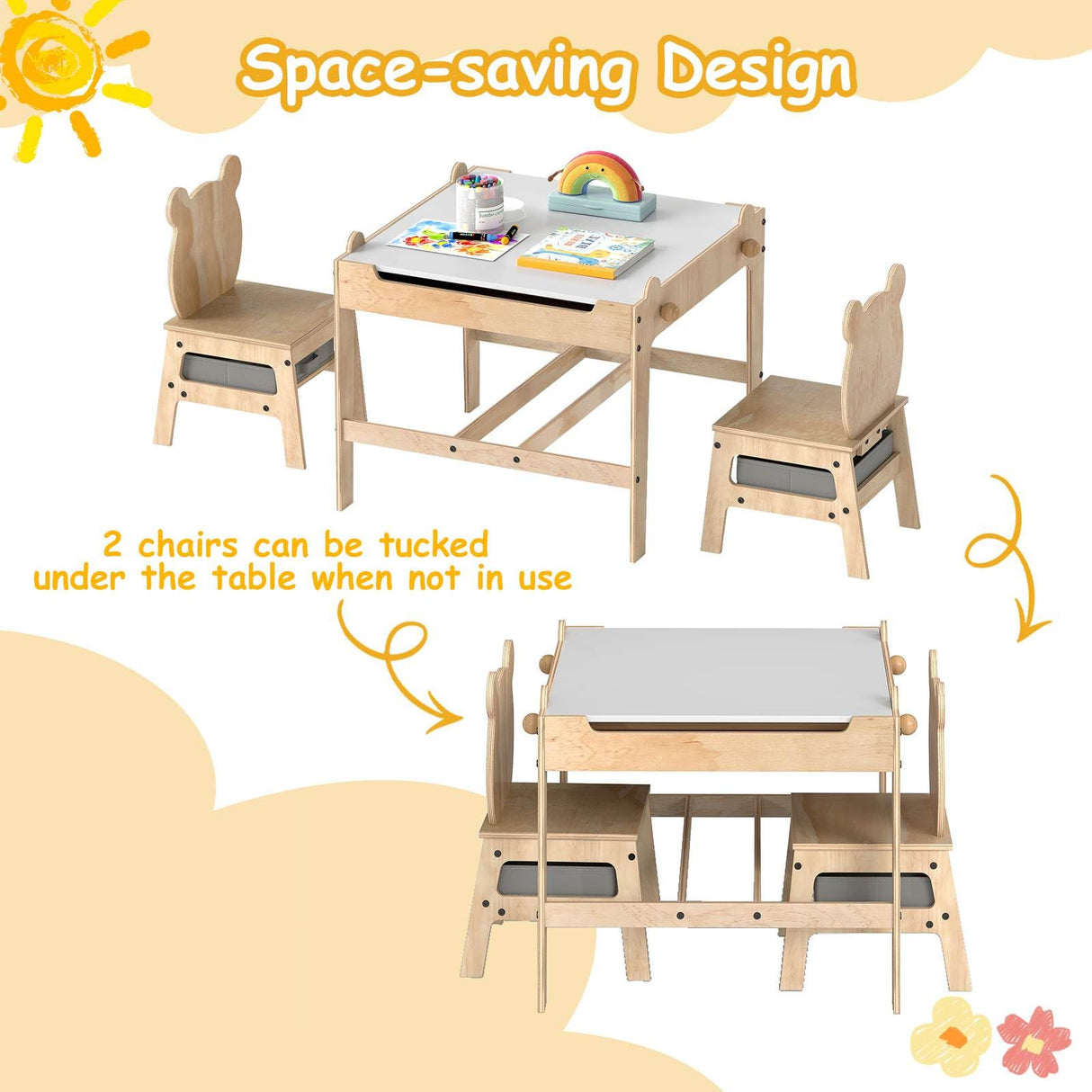 4-in-1 Kids Table and Chairs Set with Reversible Whiteboard for Arts Bear Style