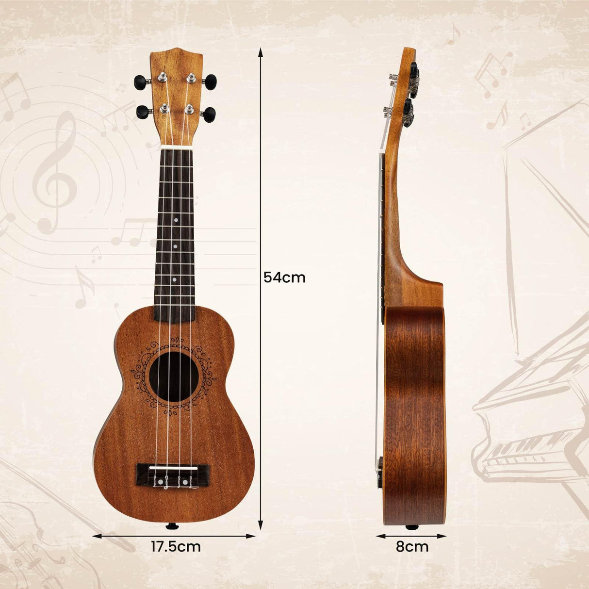 Soprano Mahogany Wooden Ukelele Set with Gig Bag and Adjustable Strap