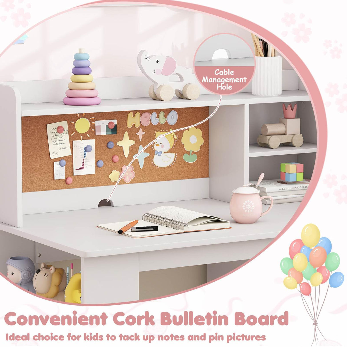 Kids Desk and Chair Set, Children Study Desk with Chair, Hutch & 3-Layer Side Shelf