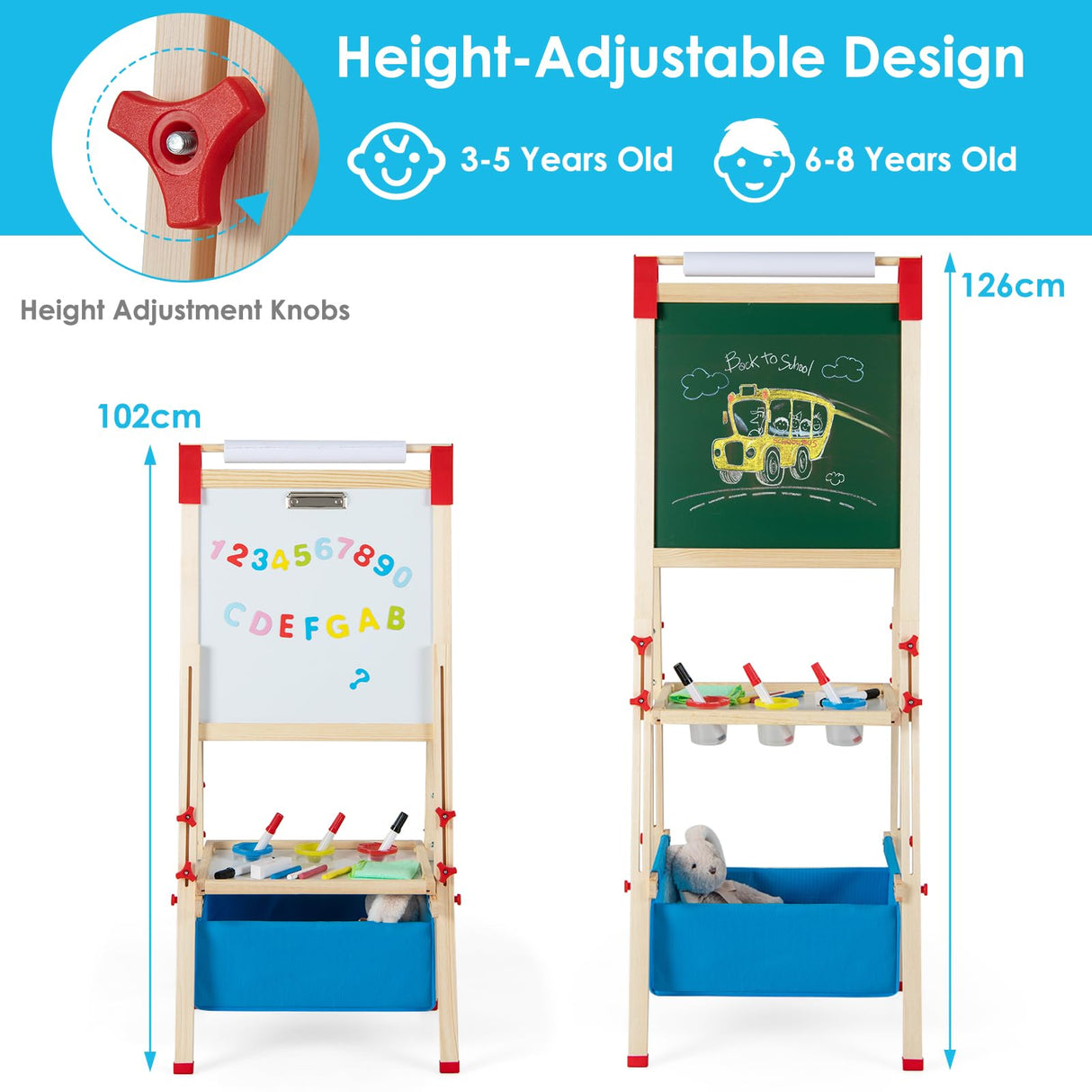 BABY JOY Kids Art Easel, Adjustable Height Double Sided Easel w/Chalkboard & Whiteboard
