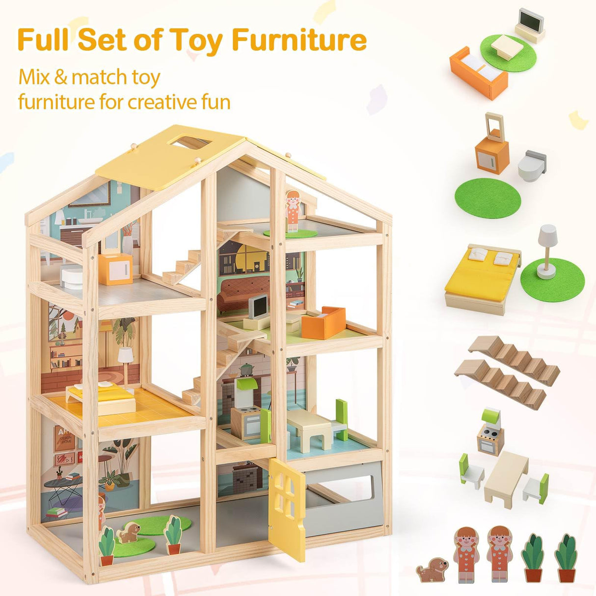 Wooden dollhouse with various toy furniture pieces displayed on a white background