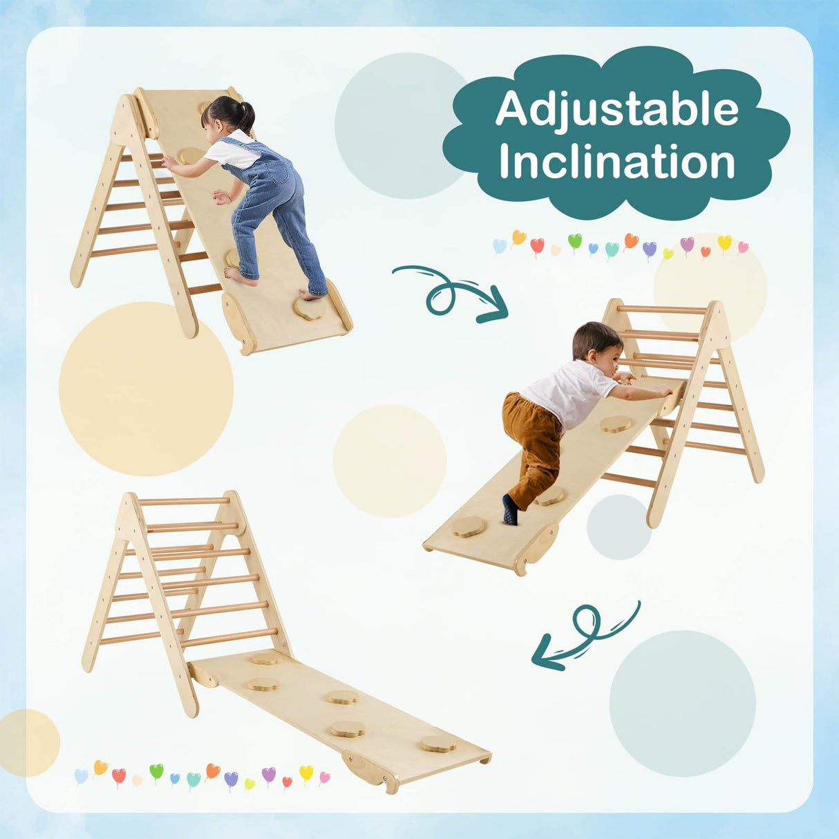 HONEY JOY Wooden Climbing Triangle Ladder for Kids, Children Montessori Triangle Climber with Adjustable Angle’s Ramp for Climb