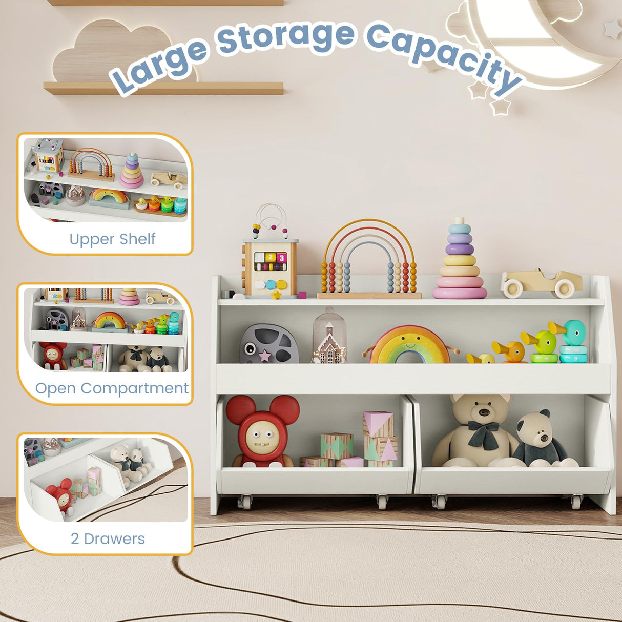 HONEY JOY Kids Toy Storage Box, Children Wooden Bookcase with 2 Movable Drawers