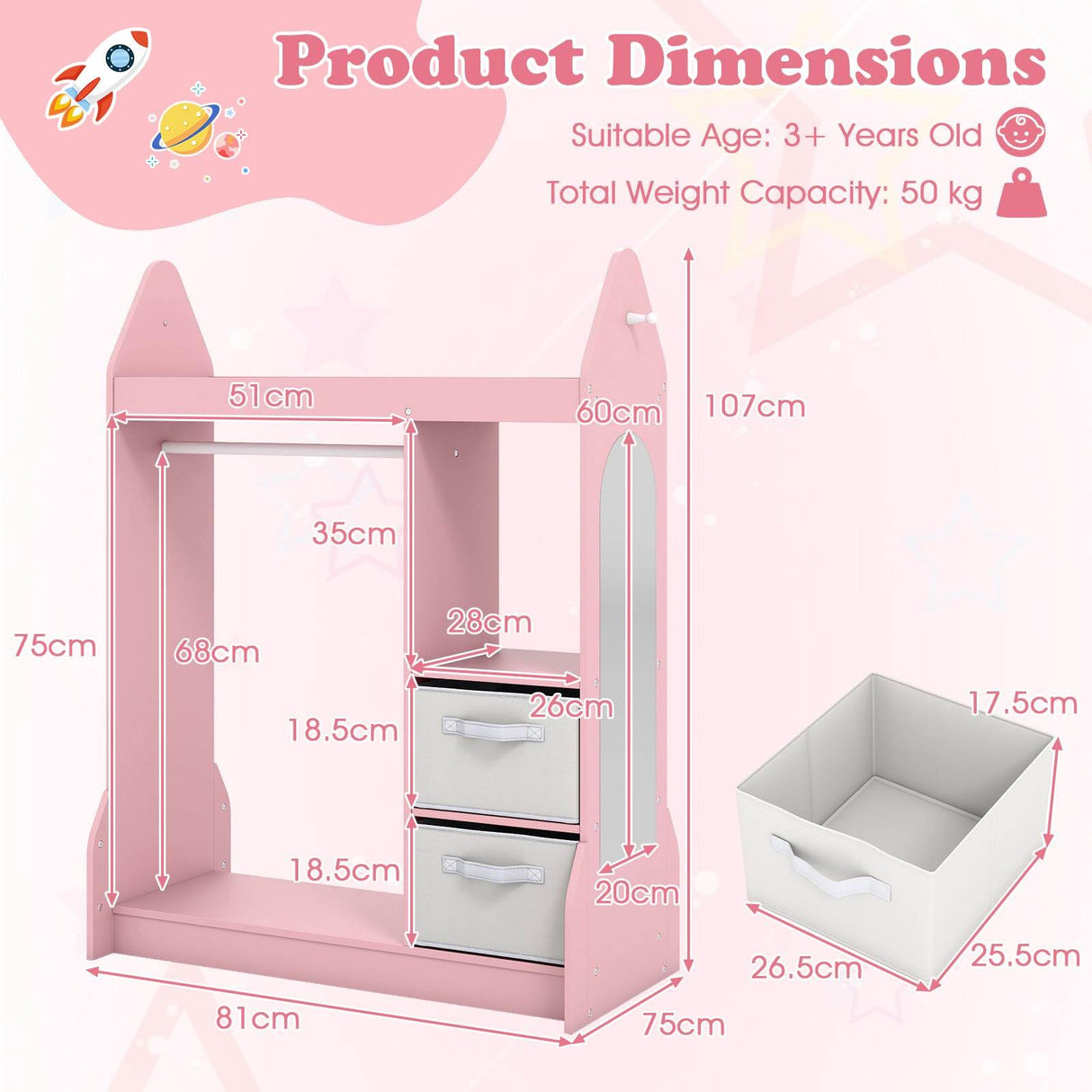 Kids Clothing Rack with Mirror and Cloth Hanger for Kids Room
