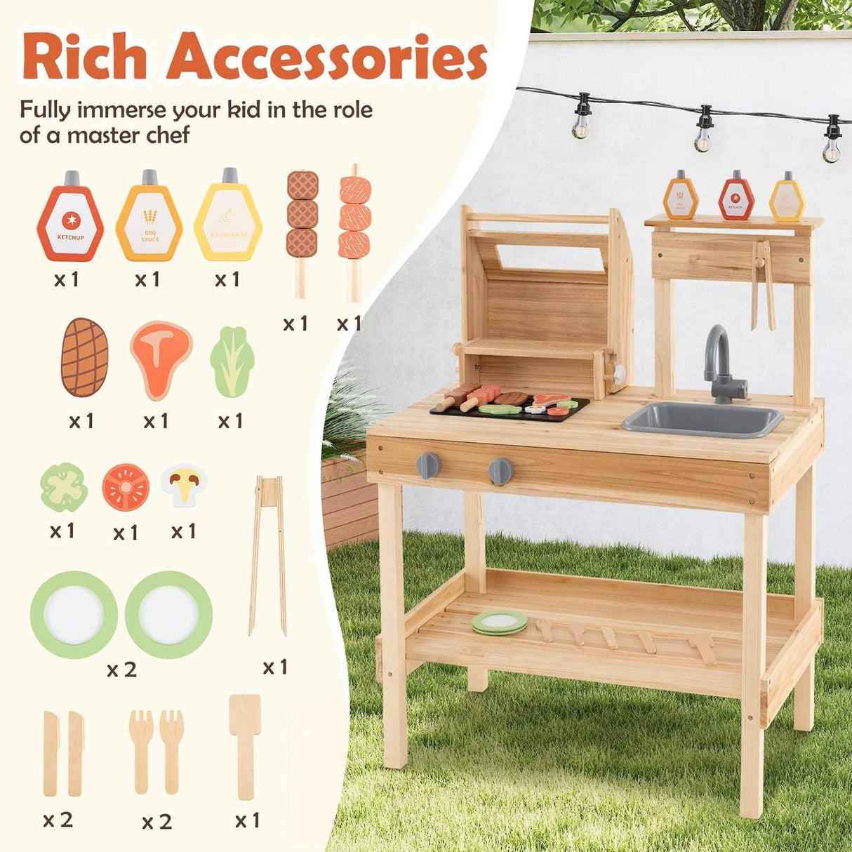 Wooden Barbecue Grill Toy Set with Sink and Faucet Kids BBQ Grill Playset