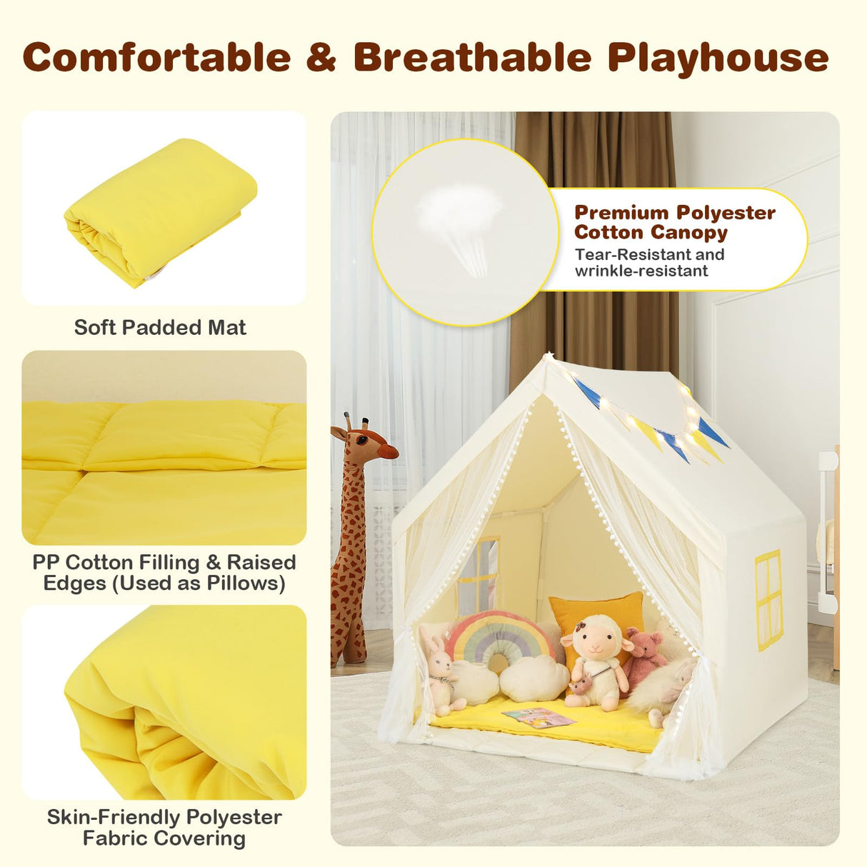 HONEY JOY Large Play Tent, Kids & Toddlers Playhouse with Washable Cotton Mat, Star Lights, Windows