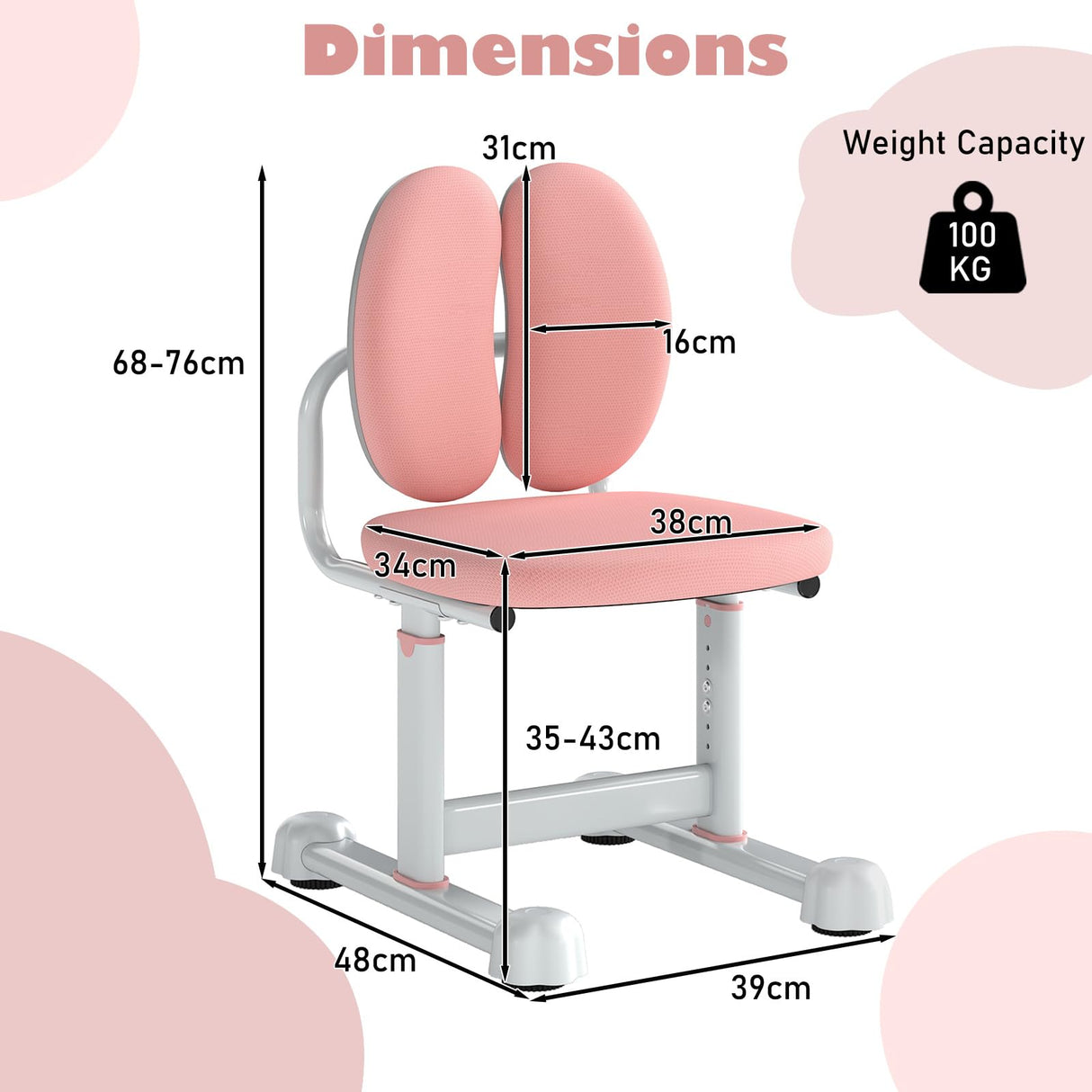 Kids Desk Chair, Children Study Chair w/Double Back Support & Adjustable Height