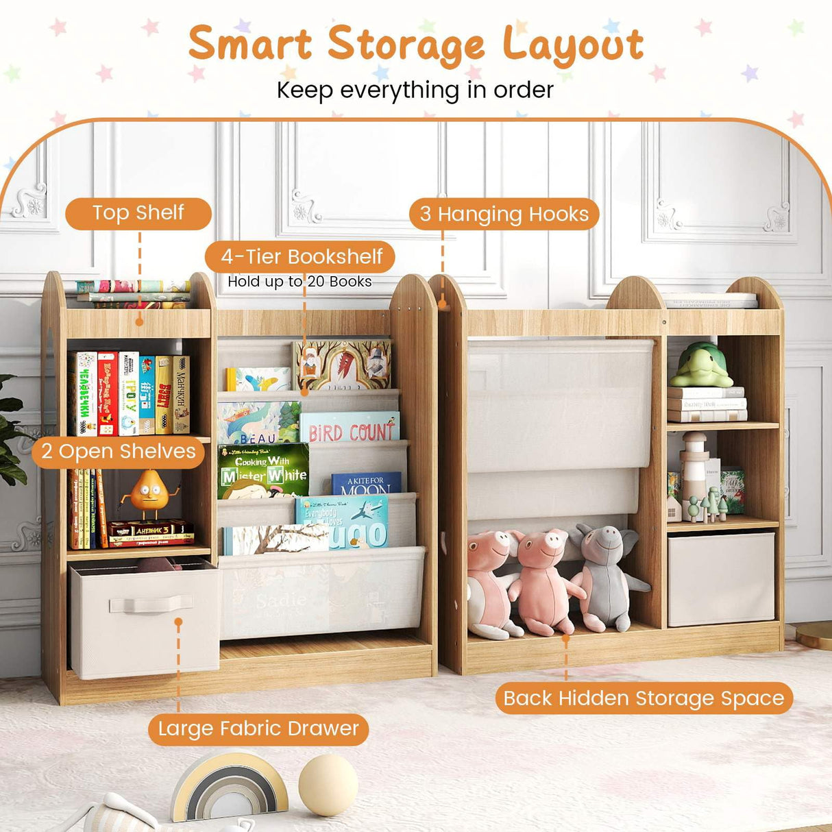 Toy Storage Organizer with Full-Length Mirror and 4-Tier Sling Shelves