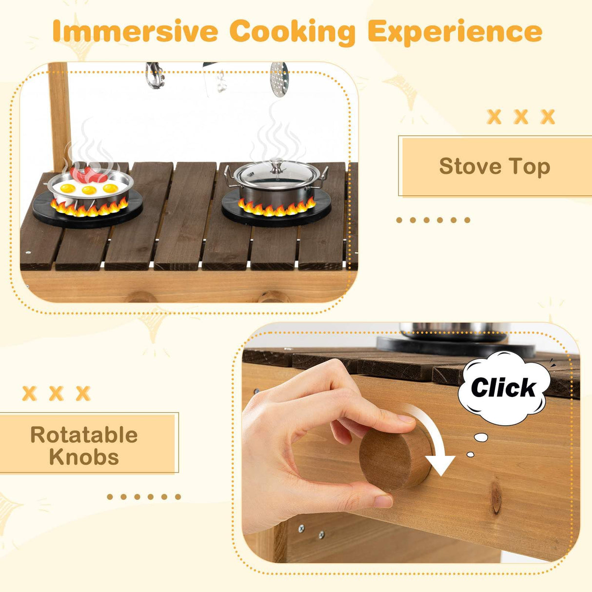 Stove top with flames and a hand turning a knob, labeled 'Immersive Cooking Experience'.