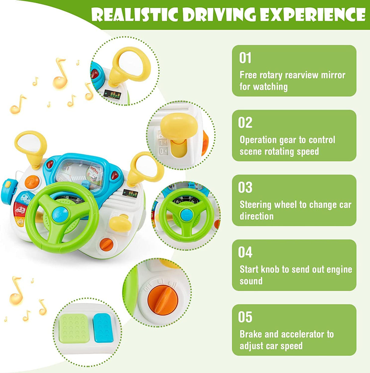 HONEY JOY Steering Wheel Toy, Pretend Play Driving Simulated Toy w/Light and Music, Cyclic Rotary Scene