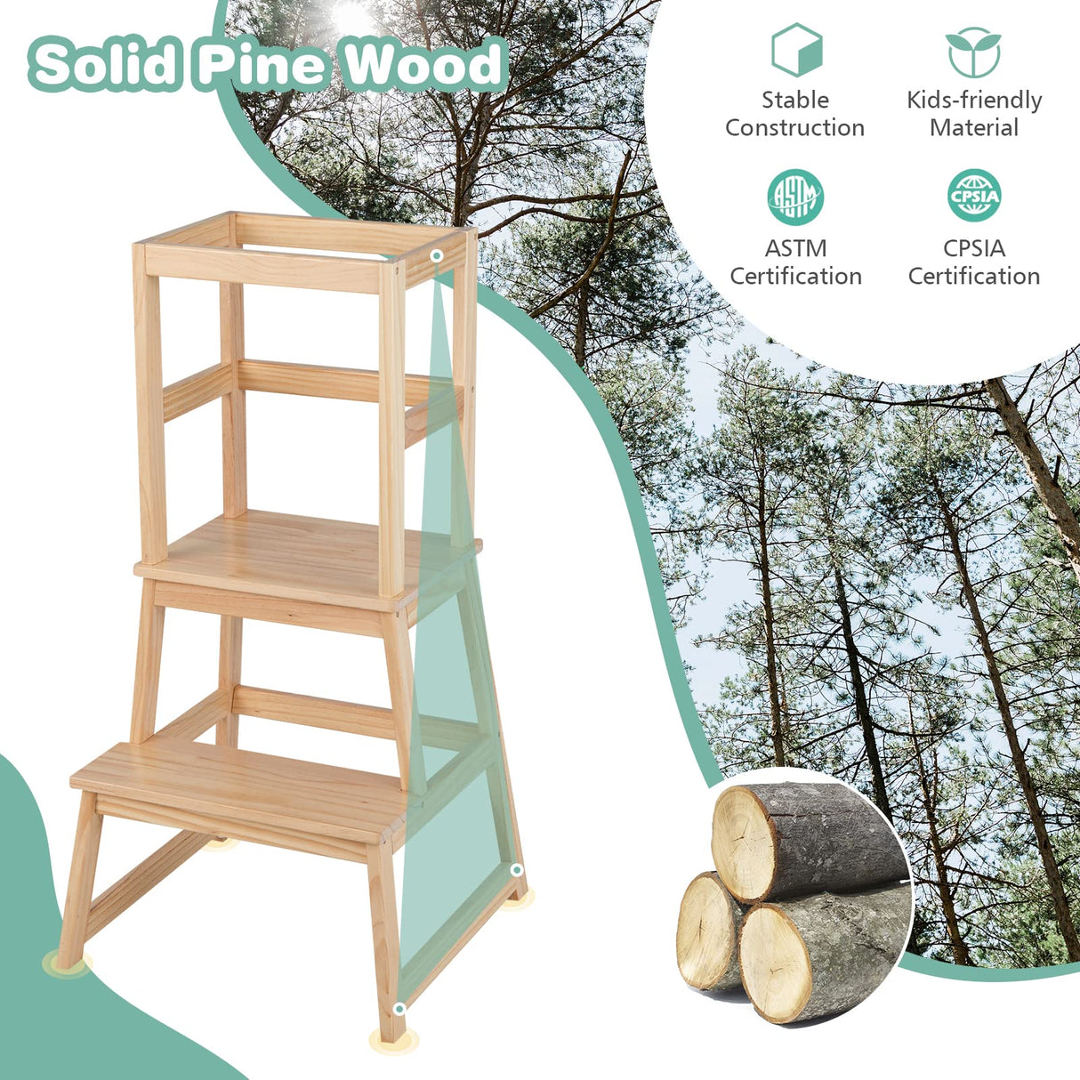 BABY JOY Kids Kitchen Step Stool with Safety Rail, 2 in 1 Solid Wood Montessori Learning Stool