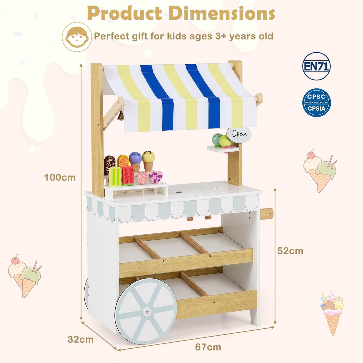 Wooden Ice Cream Cart for Kids, Pretend Play Set with Storage for 3+ Years Old