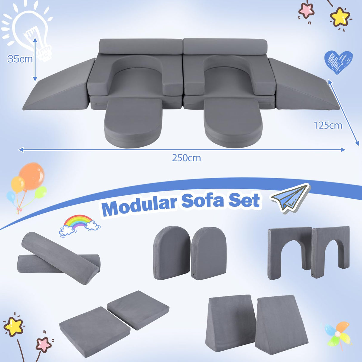 HONEY JOY 10 PCS Modular Kids Play Couch Toddler Climb & Crawl Foam Playset