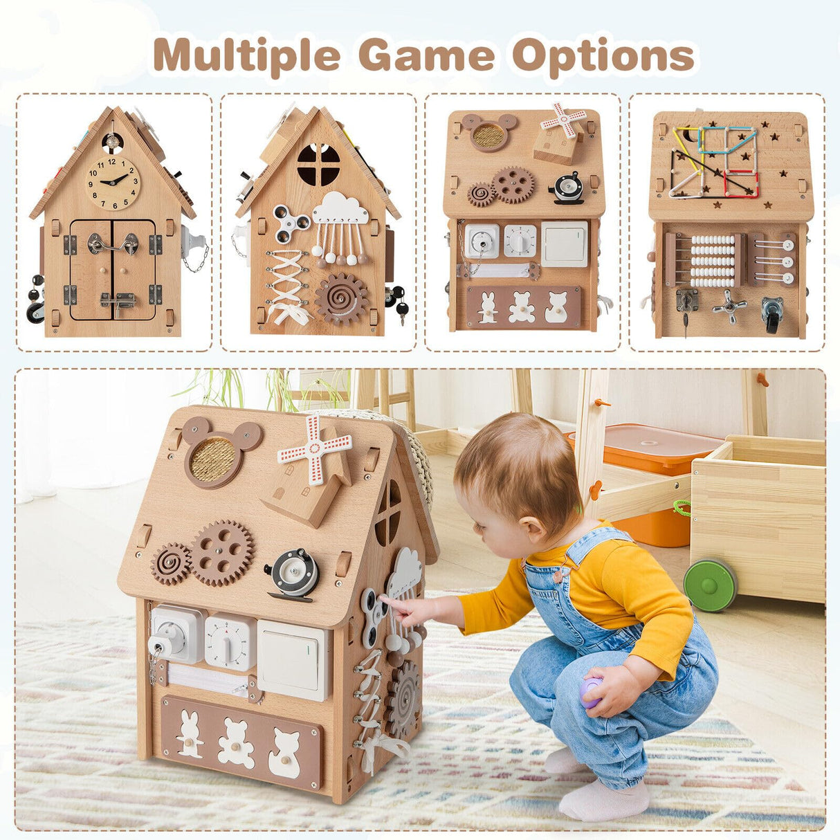 HONEY JOY Kids Montessori Busy House Toy, Wooden Multi-Purpose Play House w/Interior Storage Space