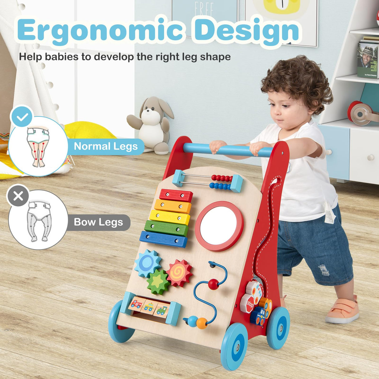 Wooden Baby Walker, Baby Push Walker with Handle, Storage & Wheels, Push and Pull Learning Activity Walker