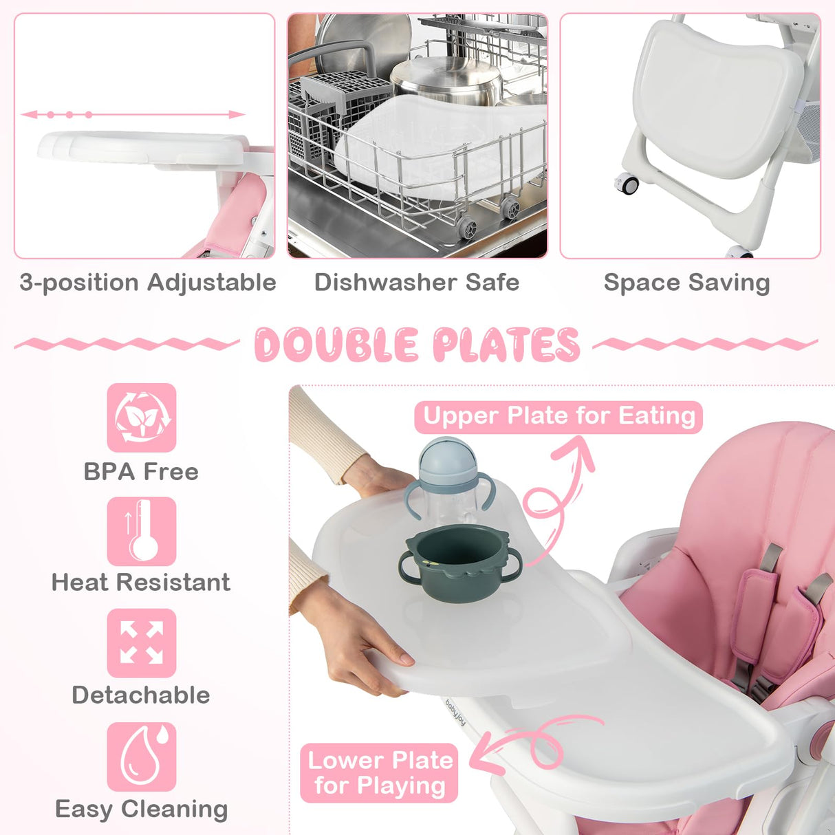 BABY JOY Baby High Chair, Foldable Highchair w/ 7 Heights, 5 Recline Positions