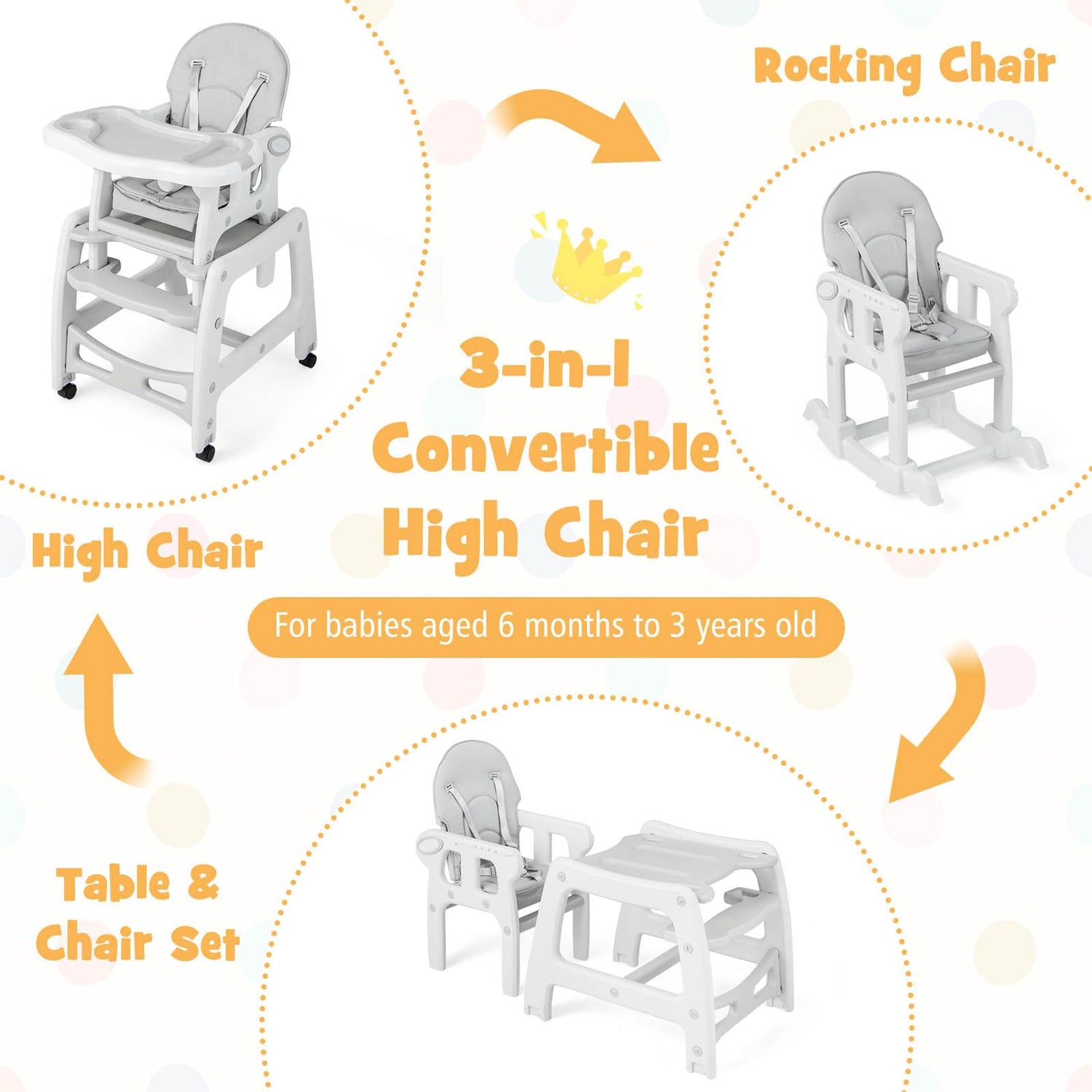 BABY JOY 3-in-1 Baby High Chair, Convertible Feeding Chair Toddler Table Chair Set w/Removable 4-Position Tray, Seat Cushion