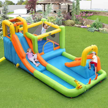 HONEY JOY 8 in 1 Inflatable Water Slide, Water Park w/Double Slides, Basketball Hoop, Water Gun