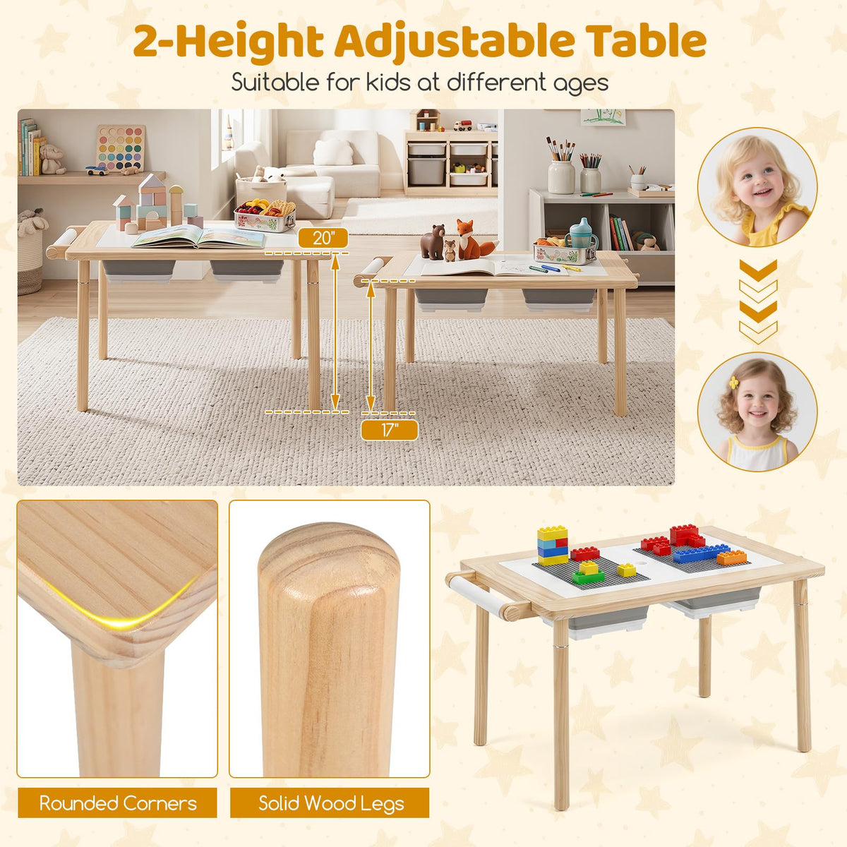 HONEY JOY Kids Sensory Table and Chair Set with Adjustable Height for 3+