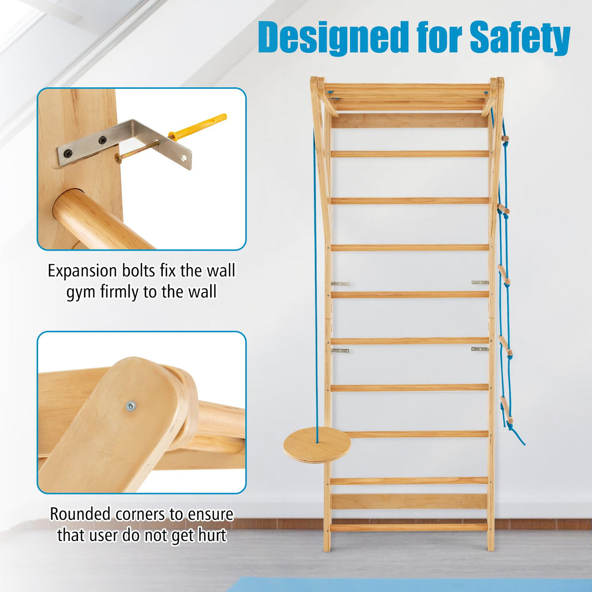 HONEY JOY Wood Stall Bar, Swedish Ladder with Swedish Wall & Pull Up Bar
