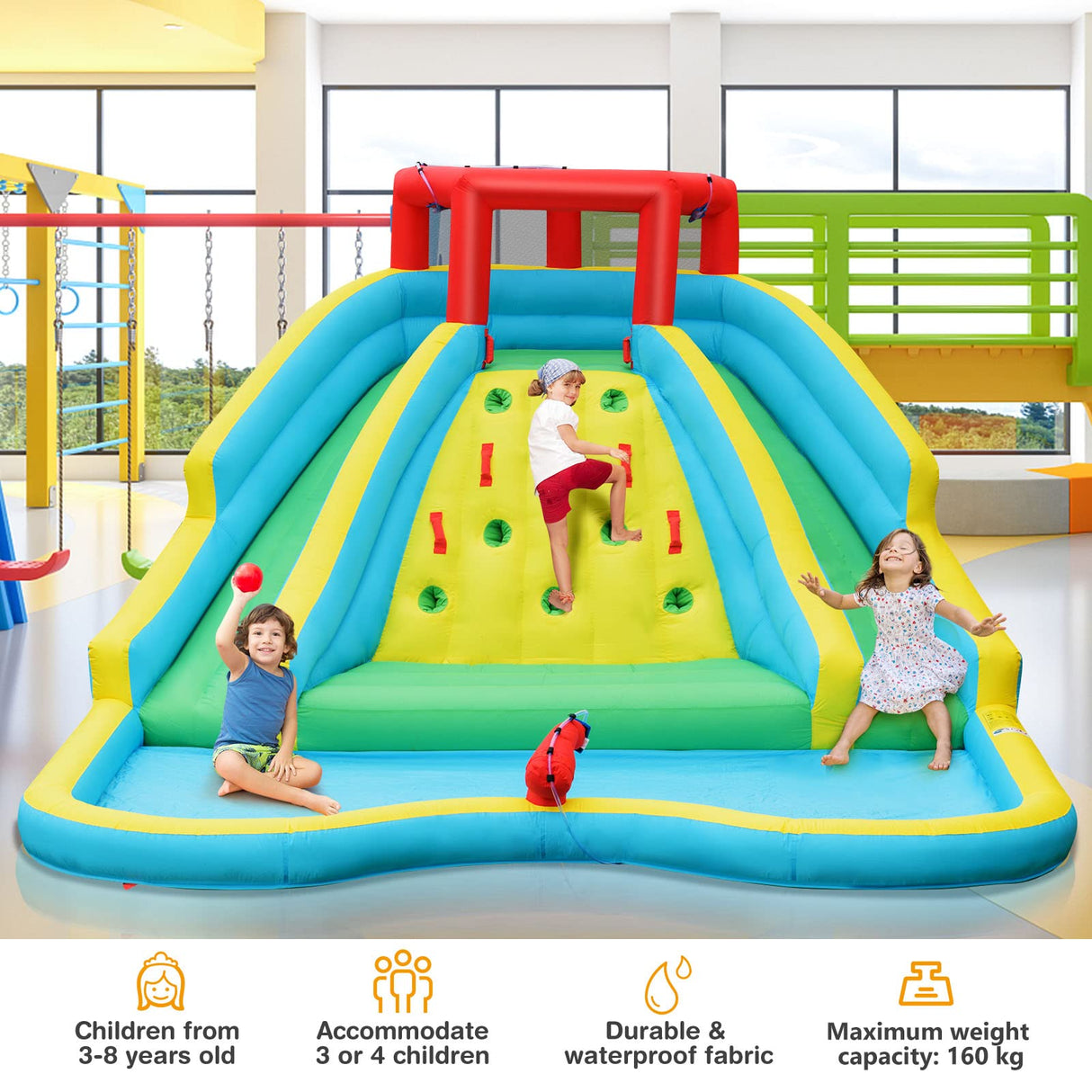 HONEY JOY Inflatable Water Slide, 452 x 365 x 233CM Giant Water Park for Kids w/Double Long Slides