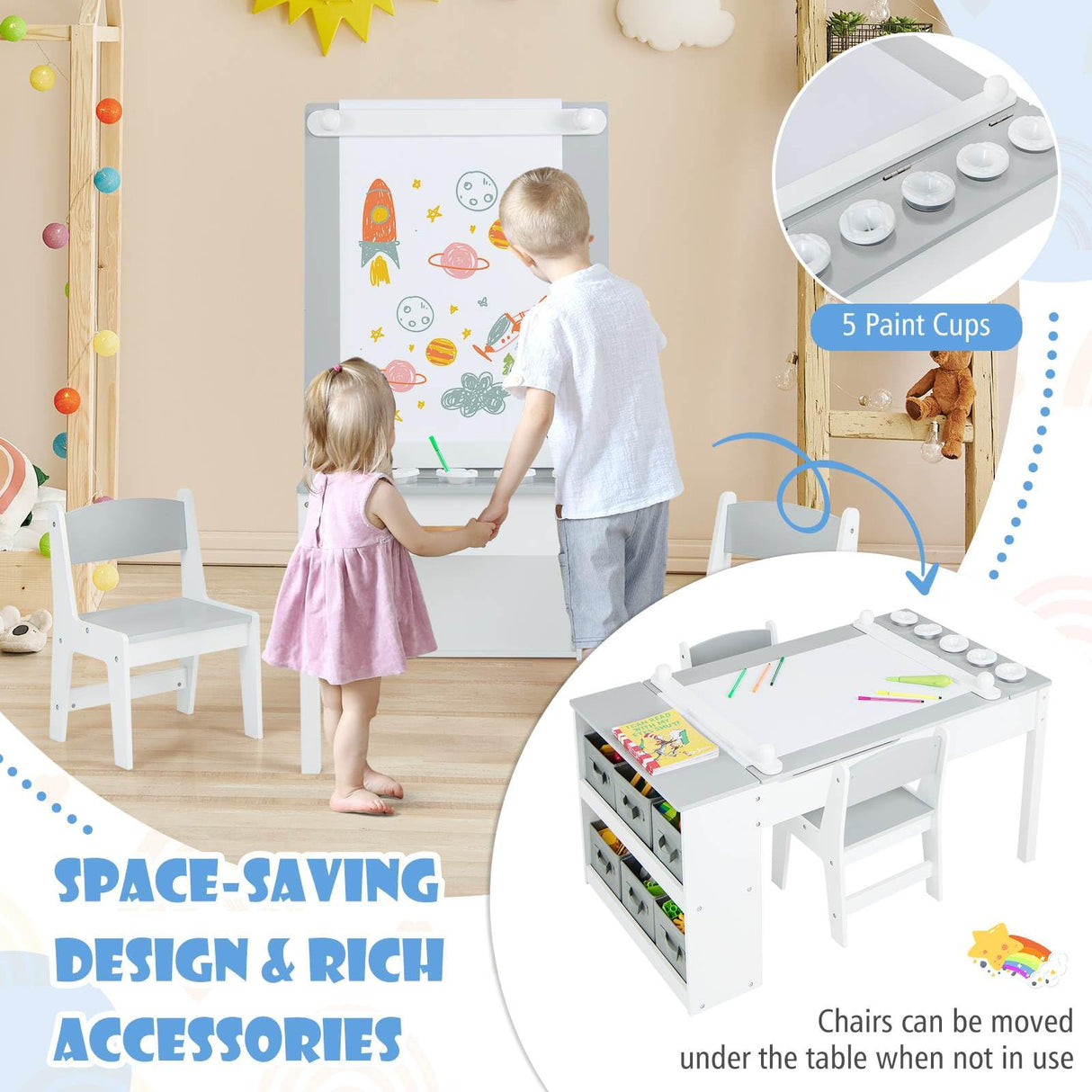 HONEY JOY Kids Table and Chairs Set, 2 in 1 Wooden Art Table & Easel Set for Children with 2 Chairs, 6 Storage Bins