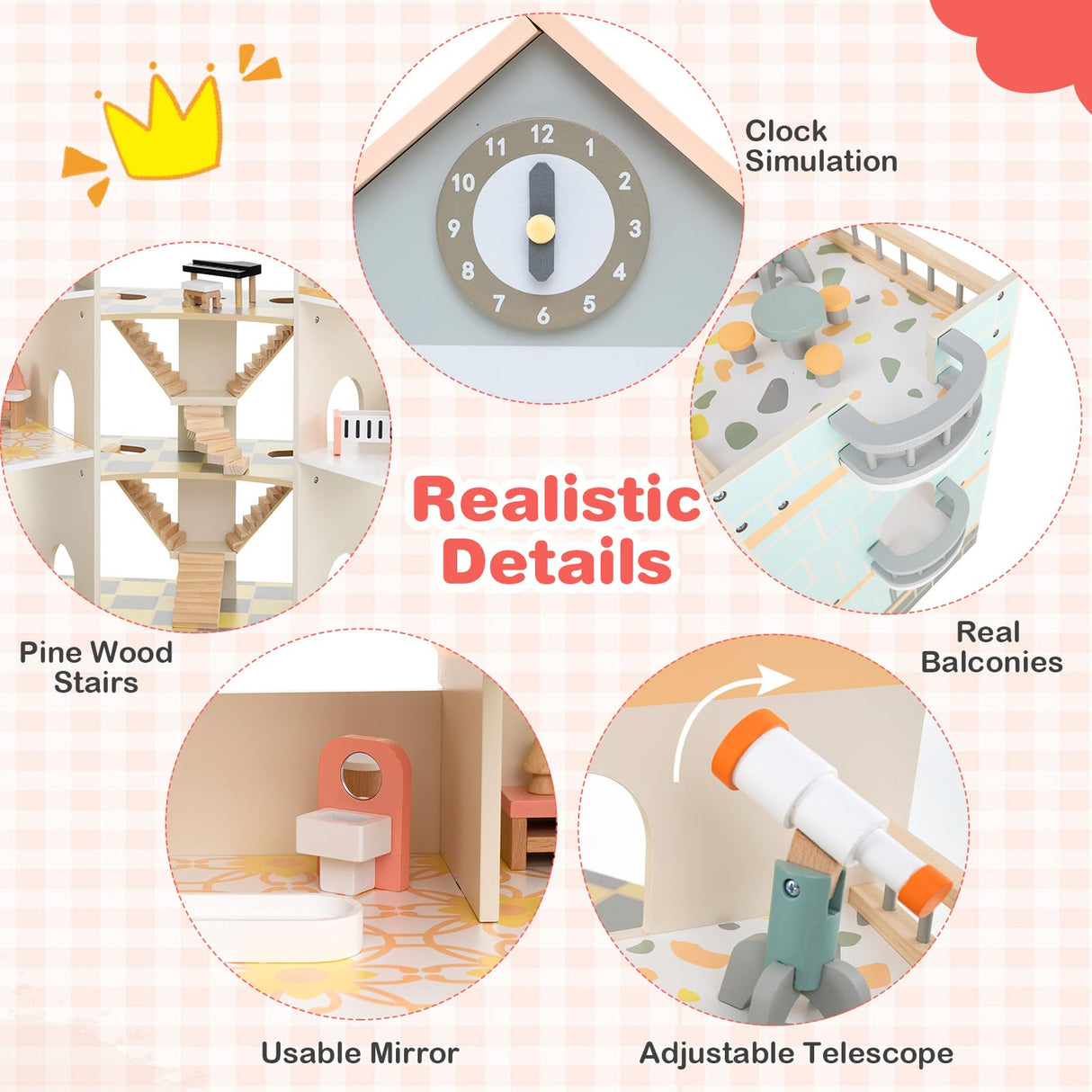 Wooden Corner Dollhouse Playset with 34 Pieces of Furniture and Accessories