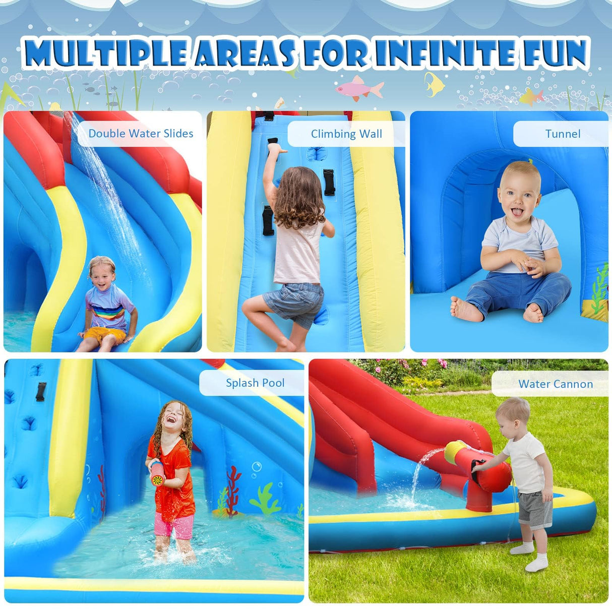 HONEY JOY Inflatable Water Slide, 7 in 1 Giant Water Park Double Long Slide w/Splash Pool, Tunnel Adventure