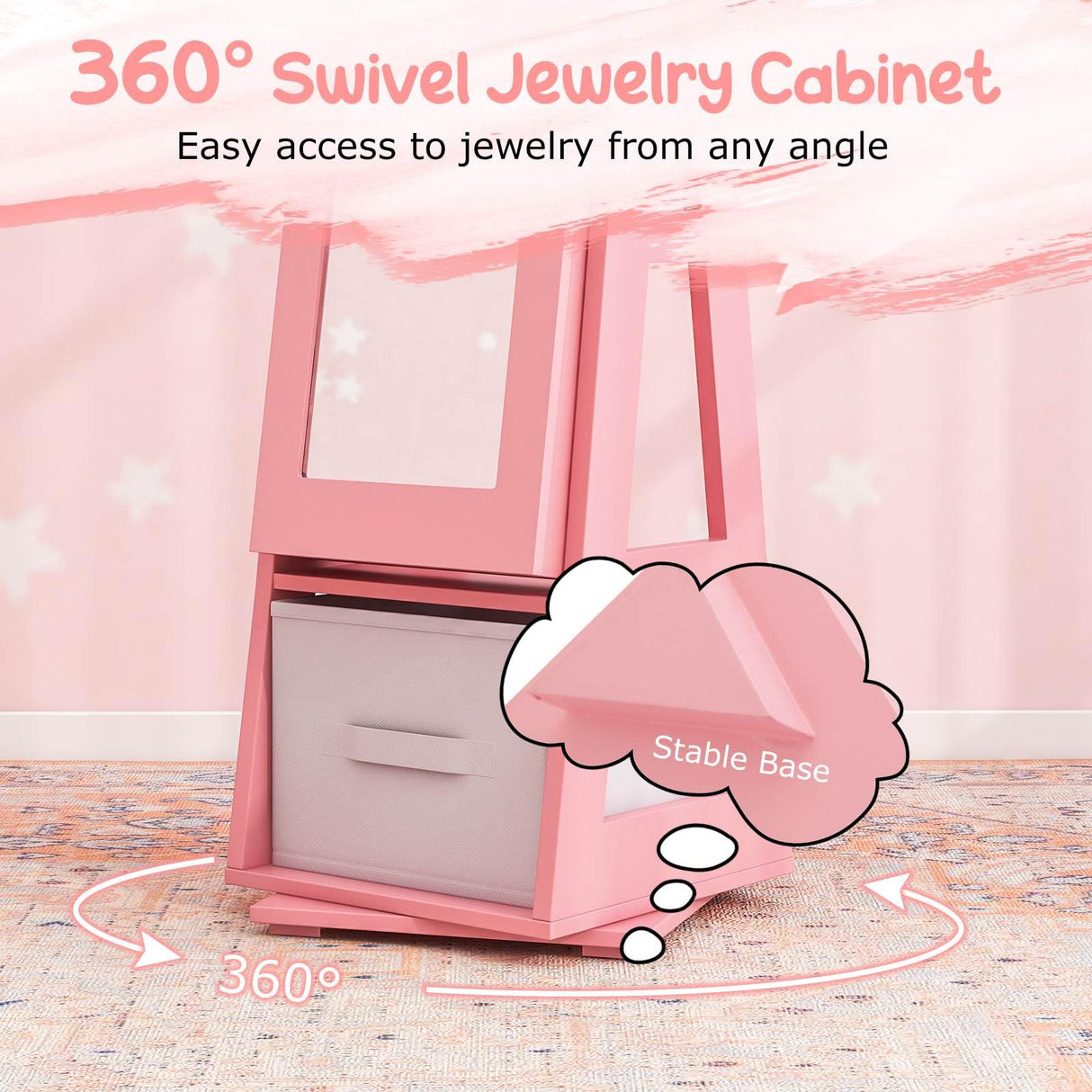 HONEY JOY 360° Swivel Kids Jewelry Cabinet, 3-in-1 Freestanding Full Length Dressing Mirror