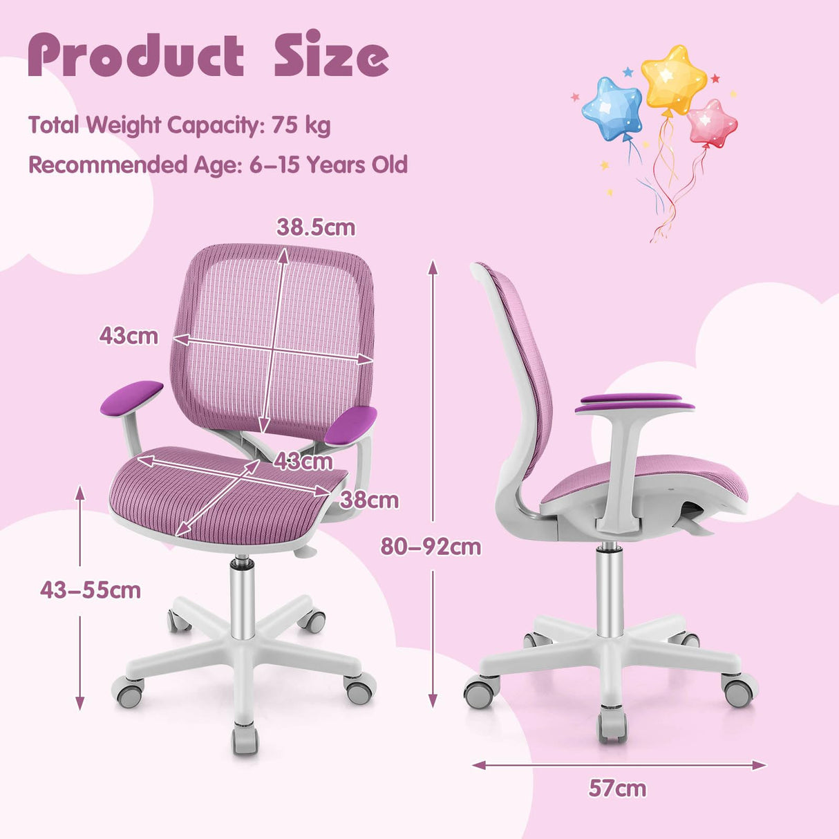 Ergonomic Children Study Computer Chair, Mesh Swivel Task Student Chair 6-15 Years for Home School Office