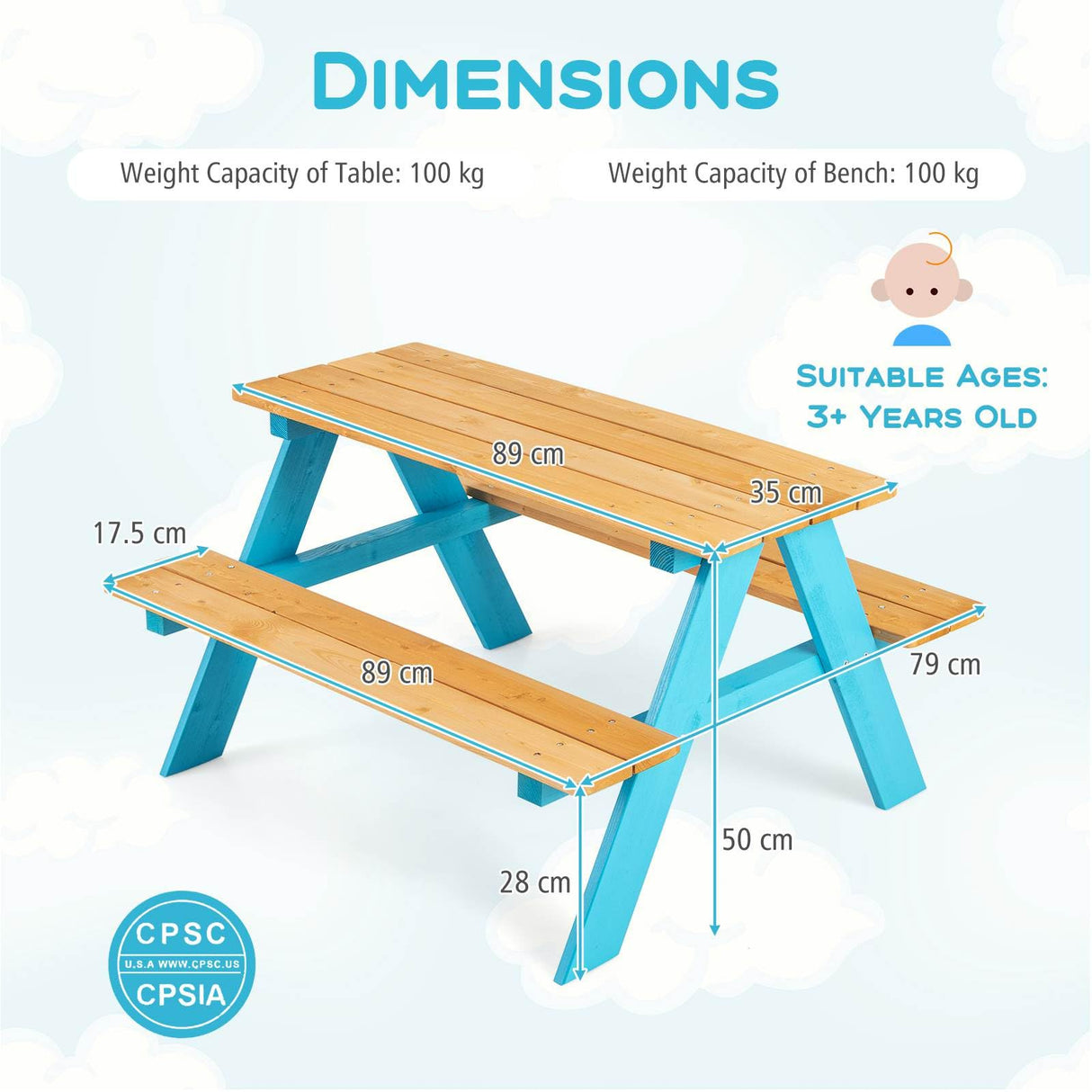 HONEY JOY Kids Wooden Picnic Table Set, Outdoor Children Table with Bench Seats