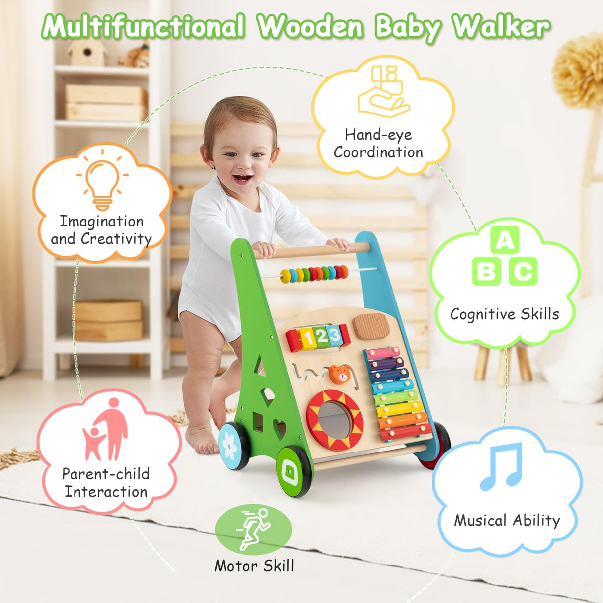 BABY JOY Wooden Baby Walker, Push and Pull Sit-to-Stand Learning Walker