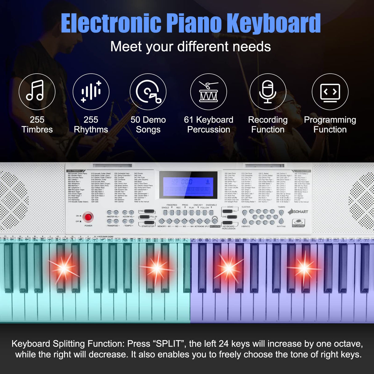 HONEY JOY 61 Key Piano Keyboard, Portable Electronic Keyboard Piano with Lighted Keys, LCD Screen, Headphones (White)