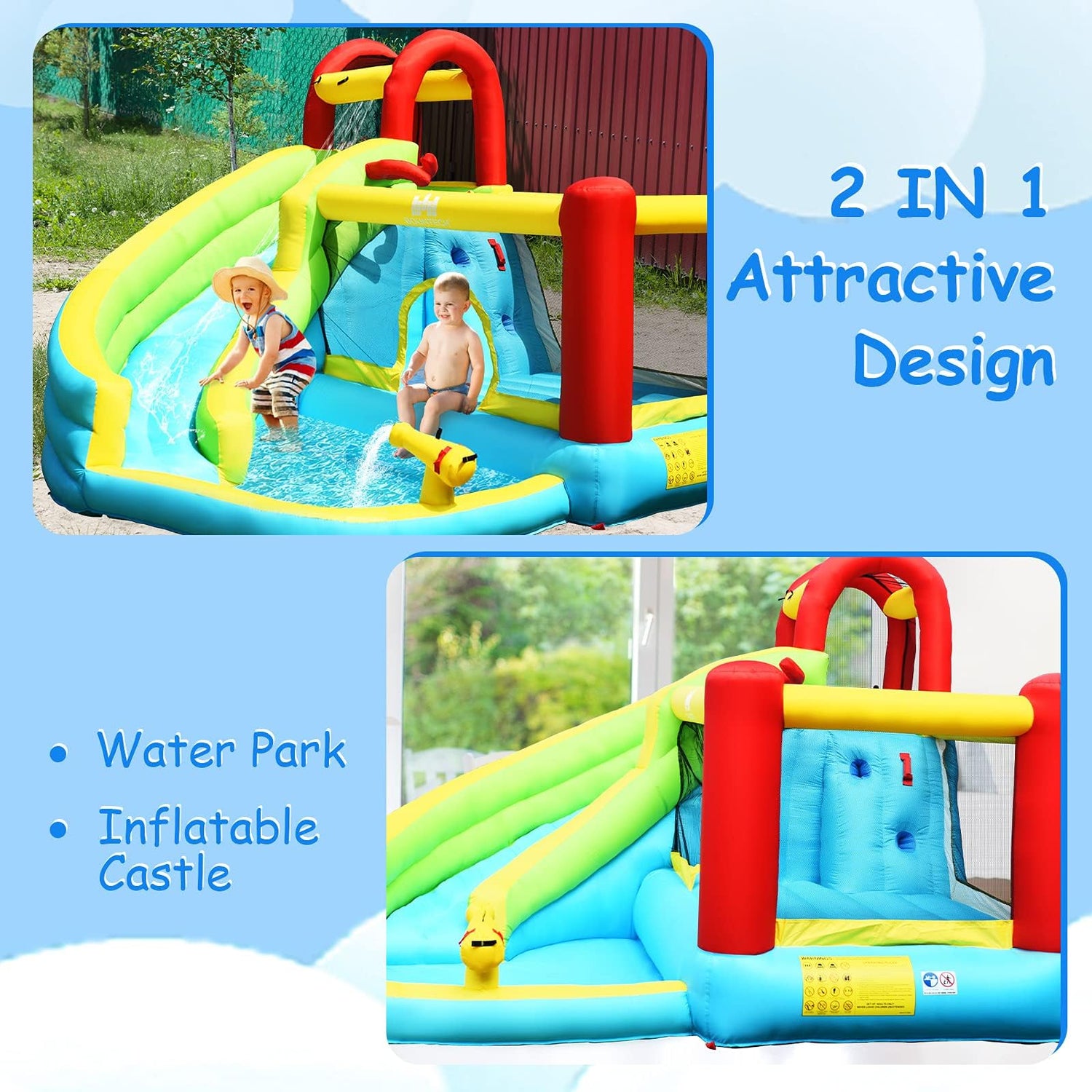 HONEY JOY Inflatable Water Slide, 6 in 1 Jumping Bounce House w/Climbing Wall, Splash Pool (Without Blower)